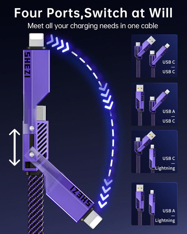 SHEZI 4-In-1 USB C Cable 60W 5FT Lightn-Ing Cable Fast Charging [480Mbps Data Transfer] Flat Nylon Braided Charger Cord Wire Combo with