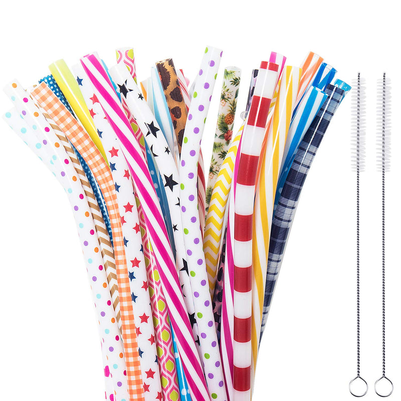 50 Pack Bent Reusable Straws, BPA-Free, 9" Colorful Hard Plastic Stripe Drinking Straw for Mason Jar Tumbler, Family or Party Use With Cleaning