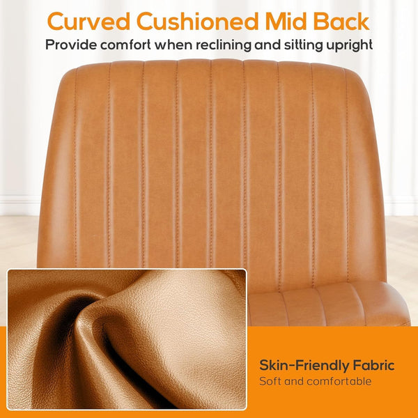 DUMOS Criss Cross Chair No Wheel Legged Office Wide Comfy Desk Vanity Chair, Armless Computer Task Seating PU Leather, Swivel Home Height