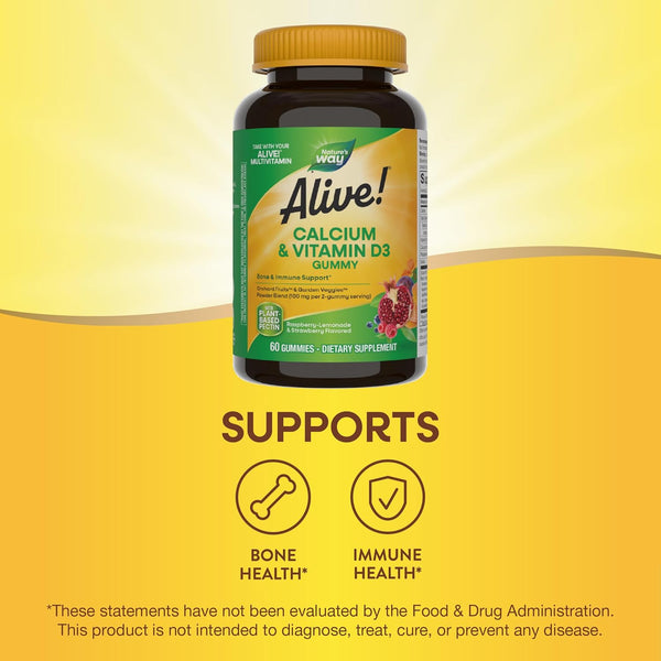 Nature'S Way Alive! Daily Calcium & Vitamin D3 Gummies, Bone Support*, Immune Support*, Strawberry and Raspberry- Lemonade Flavored, 60 Gummies