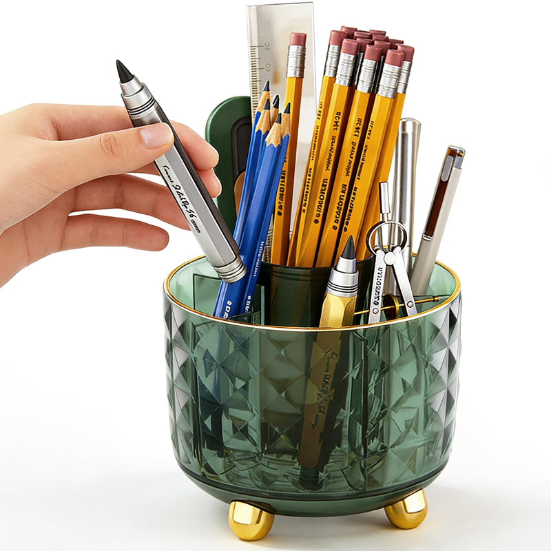 Dark Green Pen Pencil Holder for Desk, 360Â° Rotating Pen Organizer, Green Office Supplies, Cute Pen Holder, 6-Compartment Pencil Holder Rotating