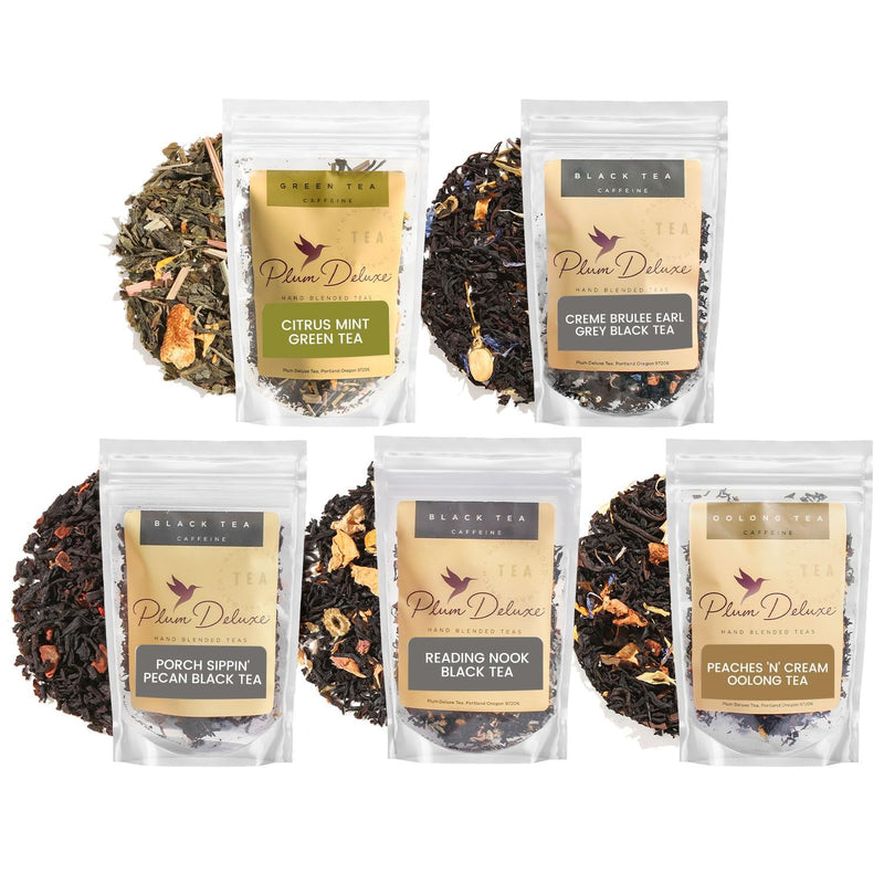 Plum Deluxe Loose Leaf Tea Sampler â 5 Whole Leaf Blends with Caffeine: CrÃ¨me Brulee Earl Grey, Peach Oolong, Green Citrus Mint, Pecan & Floral