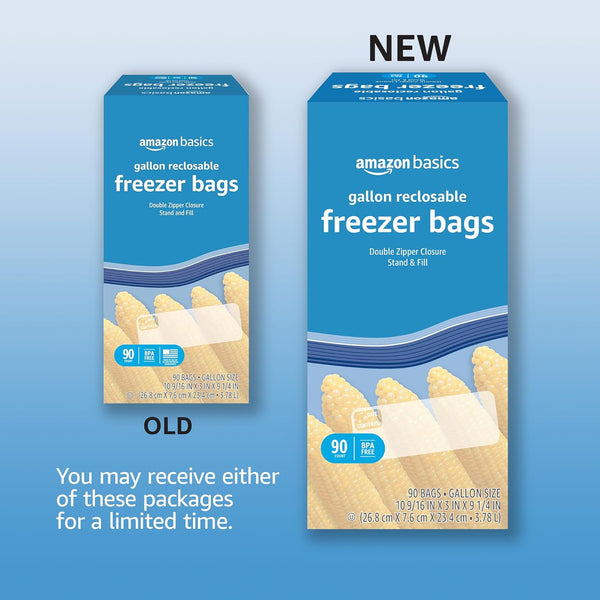 Amazon Basics Reclosable Freezer Gallon Size Bags with Double Zipper Seal, Stand-Up Bottom, BPA Free, 90 Count (Previously Solimo) Gallon (90 Count)