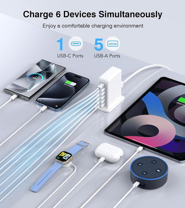 Charging Station for Multiple Devices, 45W 6 Port USB Charger Charging Block with 1 USB-C 5 USB-A Port, Power Strip Plug