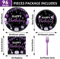 96Pcs Purple and Black Birthday Decorations Happy Birthday Party Supplies Tableware Set Purple Black Disposable Paper Plates Napkins Dinnerware