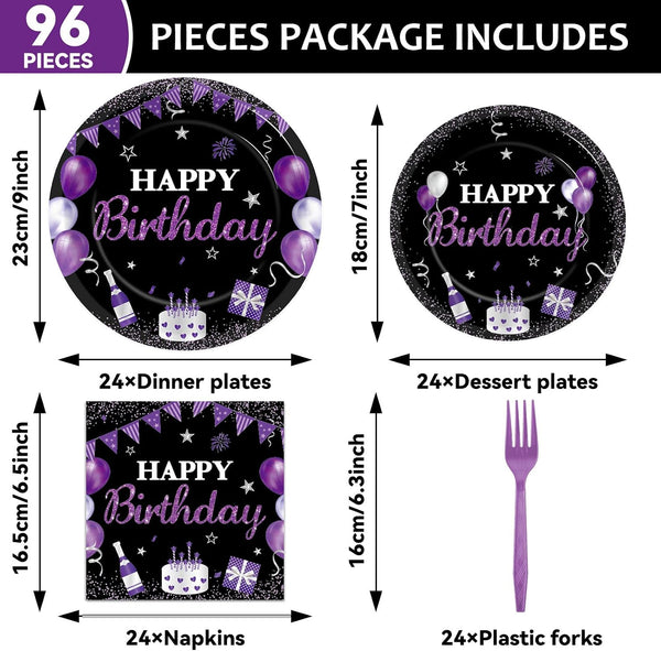 96Pcs Purple and Black Birthday Decorations Happy Birthday Party Supplies Tableware Set Purple Black Disposable Paper Plates Napkins Dinnerware