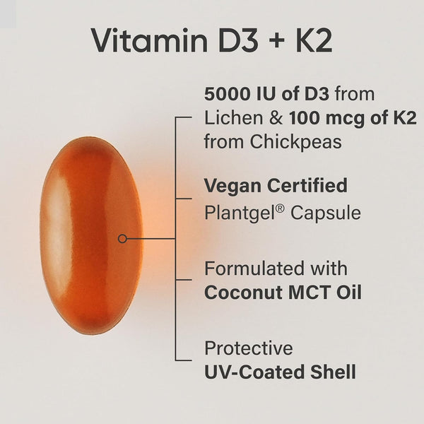 Sports Research® Vegan D3 5000Iu with Vitamin K2 100Mg - Formulated with Coconut MCT Oil - Vegan Certified, Soy & Gluten Free - 60 Softgels