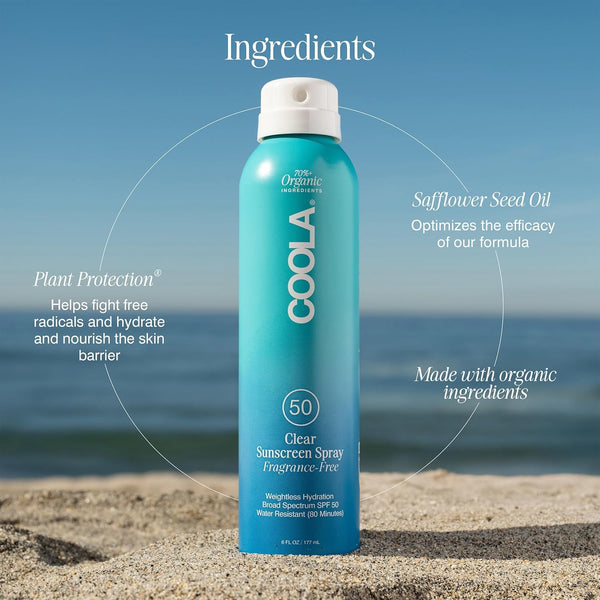 COOLA Organic Sunscreen SPF 50 Sunblock Spray, Dermatologist Tested Skin Care for Daily Protection, Vegan and Gluten Free, Fragrance Free 6 Fl Oz