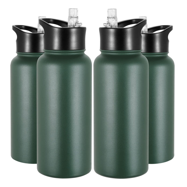 32 Oz Insulated Water Bottle Bulk 4 Pack, Stainless Steel Sports Water Bottles with Straw Lid & Wide Mouth Lids, Double 