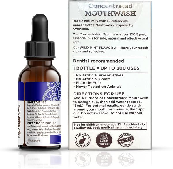 GuruNanda Concentrated Mouthwash (2 fl oz), Supports 300 Rinses, Aids in Fresh Breath, Fluoride-Free, Mint Mouthwash with Natural Essential Oils 1
