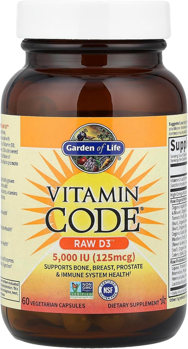 Garden of Life Vitamin D, Vitamin Code Raw D3, Vitamin D 5,000 IU, Raw Whole Food Supplements with Chlorella, Fruit, Veggies & Probiotics for Bone