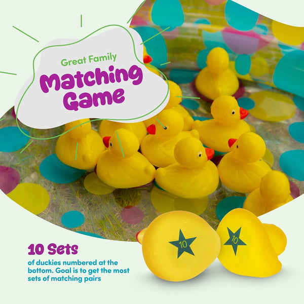 Gamie Duck Pond Matching Carnival Game for Kids, 36" x 6" Inflatable Pool & 20 Plastic Ducks with Numbers, Water Outdoor Game for Kids, Fun Memory