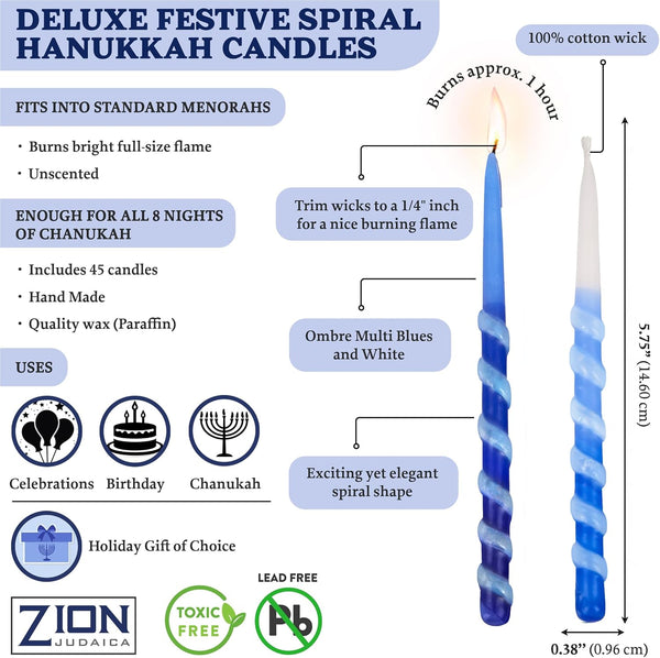 Zion Judaica Ltd Set of 45 Dripless Hanukkah Candles Spiral Candle Includes a DIY Dreidel, Prayer Card, Standard Size Menorah Candles for Eight