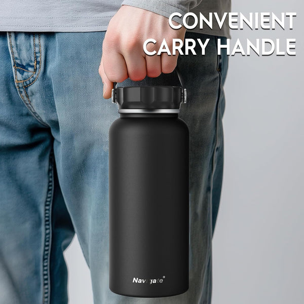 Navigate 32oz Insulated Water Bottle for Sports, Keep Cold 24H Black 32 Ounces