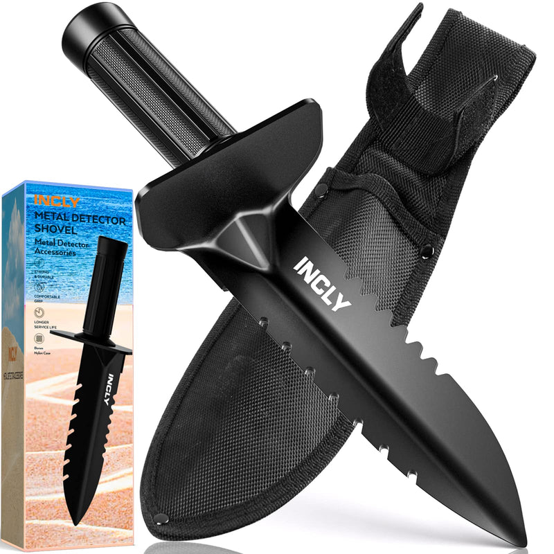 INCLY Metal Detector Shovel, Heavy Duty Double Serrated Edge Digger, Detecting Digging Tool with Sheath for Belt Mount, Gardening & Detecting