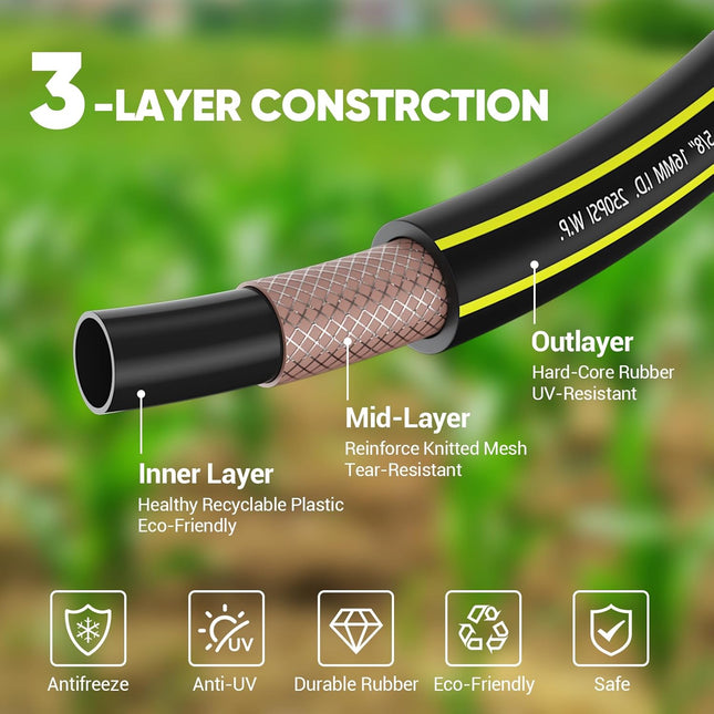 Garden Hose 10FT - PHLEX PRO Heavy-Duty Premium 5/8'' Rubber 3-Layer Water Hose - Flexible Hybrid Lightweight Water Hose