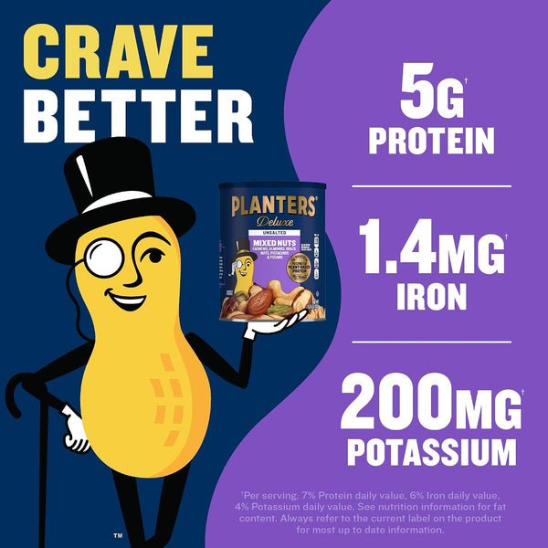 PLANTERS Deluxe Unsalted Mixed Nuts, Plant Based Protein, 15.25 Oz (1 Ct) Unsalted 15.25 Ounce (Pack of 1)
