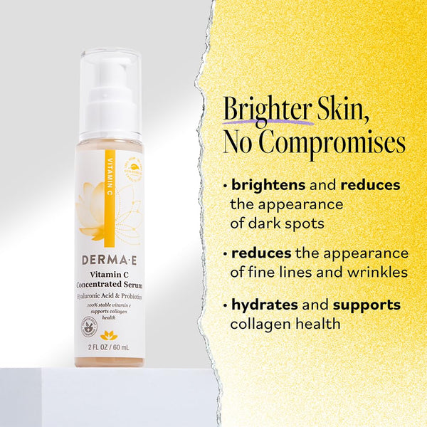 DERMA E Vitamin C Concentrated Serum, 2 Oz, with Hyaluronic Acid, Vitamin E & Aloe, All Natural, Antioxidant-Rich Concentrated Formula, Hydrating