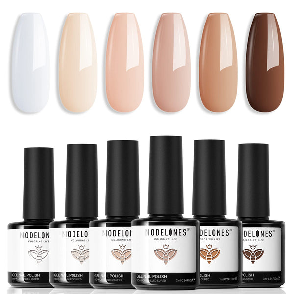 Modelones Gel Nail Polish Set- 6 Colors White Nude Brown Gel Polish Skin Tone Neutral Beige Tan Taupe Nail Polish Kit Popular All Seasons Soak off