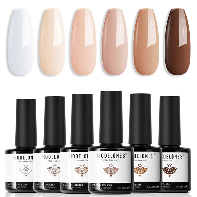 Modelones Gel Nail Polish Set- 6 Colors White Nude Brown Gel Polish Skin Tone Ne