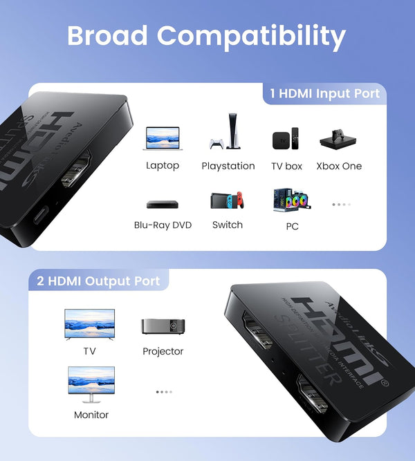 avedio links HDMI Splitter 1 in 2 Out [w/ 4 Ft Hdmi Cable]Not for Extended Display-Mirror Same Screen Only, 4K 1x2 HDMI Splitter 1 to 2 for 3D
