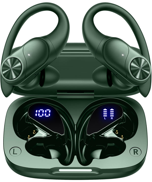 Pocbuds Bluetooth Headphones Wireless Earbuds 80Hrs Playtime Wireless Charging Case Digital Display Sports Ear Buds with Earhook Deep Bass IPX7