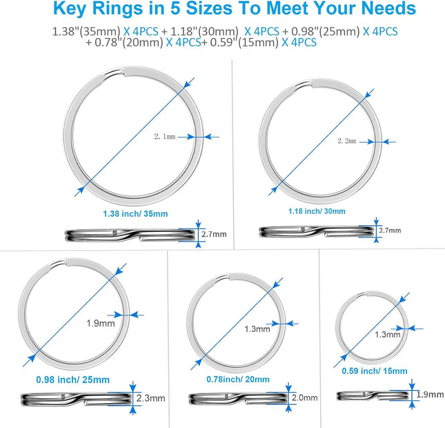 YHYZ Split Key Ring Circle Assorted, Metal Flat round Keyring Durable in 5 Sizes
