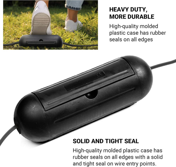 4 Pack Extension Cord Protective Cover Set (Black) | Indoor Outdoor Water-Resistant Holder for Holiday String Lights and Wires | Capsule Shaped