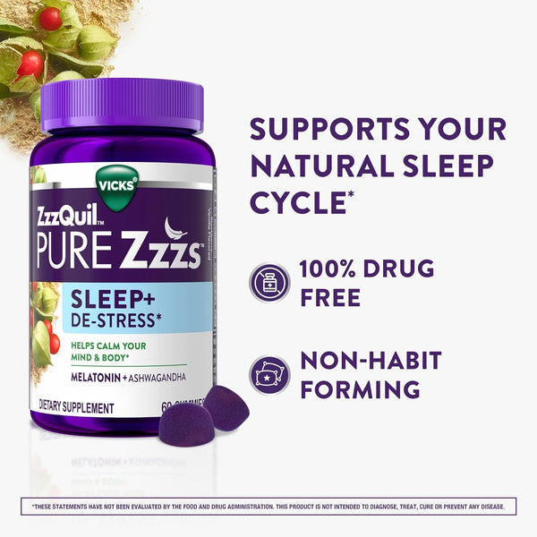 Zzzquil PURE Zzzs De-Stress Gummy, Melatonin Gummies, Sleep Aid, Melatonin 2Mg, Ashwagandha for Stress Support, Melatonin Sleep Gummies, Sleep
