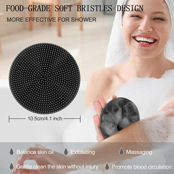 INNERNEED Food-Grade Soft Silicone Body Scrubber Shower Brush, Black+Gray | Handheld Cleansing Skin Brush, Gentle Exfoliating and Lather Well,