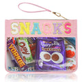 Clear Zipper Pouch for Travel Snacks Bag Nylon Clear Cosmetic Bag Makeup Travel Bag for Women with Glitter Patch Letters (Pink-Snacks) FS-SNACKS