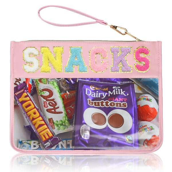 Clear Zipper Pouch for Travel Snacks Bag Nylon Clear Cosmetic Bag Makeup Travel Bag for Women with Glitter Patch Letters (Pink-Snacks) FS-SNACKS