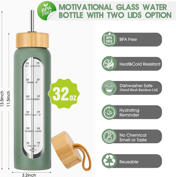 SipZest 32 oz Glass Water Bottle with Straw - Motivational Time Marker & Silicone Sleeve - Reusable Tumbler Includes 2 Bamboo Lids & Fruit Infuser