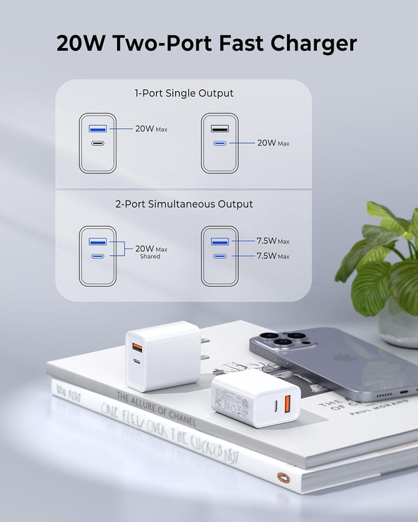 3-Pack USB C Wall Charger, 20W Durable Dual Port QC+PD 3.0 Power Adapter, ETL Certified Type C Fast Charging Block for iPhone 14/15/16/17 Pro/Pro