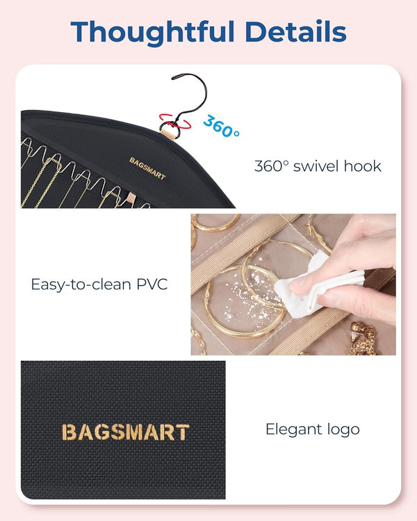 BAGSMART Hanging Jewelry Organizer with Hanger Metal Hooks Double-Sided Jewelry Holder for Organizing Earrings Necklaces Rings Perfect for in