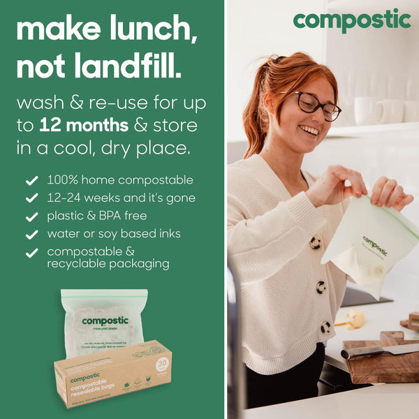 Home Compostable Resealable Sandwich Bags (7"X7"), Microwave & Freezer Safe, Organic Food Storage Container, 60 Count (30 per Box)