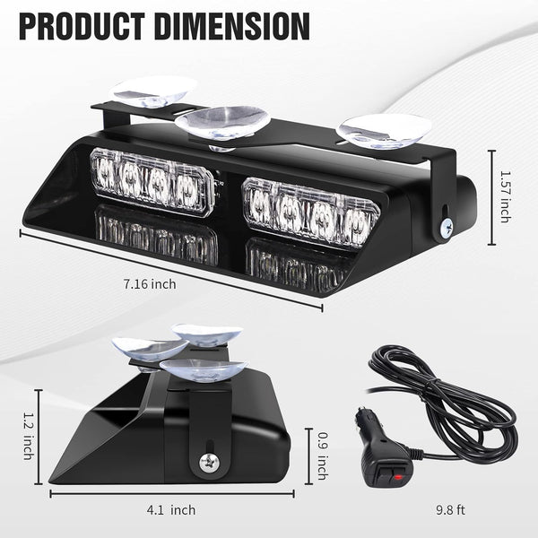 XRIDONSEN 2 in 1 Dash Strobe Lights Interior Windshield Emergency Lights | Amber White Warning Hazard Safety Flashing Light w/ Suction Cups for