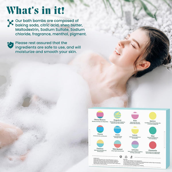 ZenBombs Bath Bombs for Women, 12pcs Handmade Natural Bath Bomb, Stocking Stuffers, Mothers Day Presents for Mom, Bath Bomb with Shea Butter,