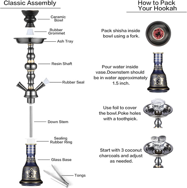 20" Hookah set - 2 Hose Premium Shisha Hookah Kit with Glass Vase, Ceramic Bowl and Coal Tongs Ashtray for Better Shisha Narguile Smoking (Black)