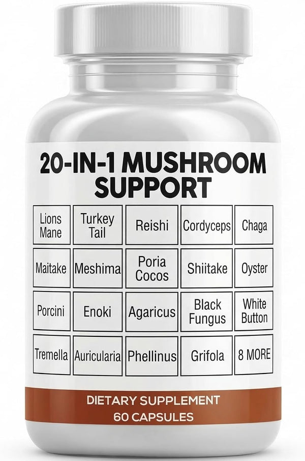 Clean Nutraceuticals Lions Mane 20in1 Mushroom Supplement with Turkey Tail Reishi Cordyceps Chaga Maitake Meshima Poria Cocos Shiitake Oyster