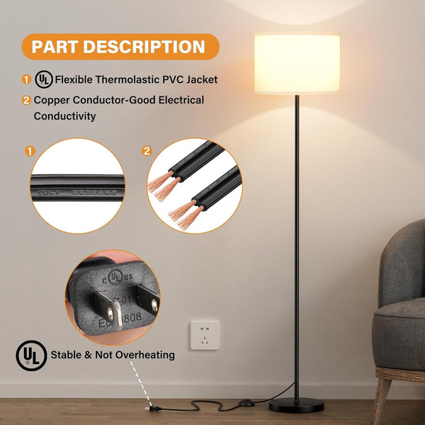 Modern Floor Lamp Simple Design with White Shade, Foot Pedal Switch, 60" Small Tall Lamps for Living Room Bedroom Office Dining Room Kitchen,