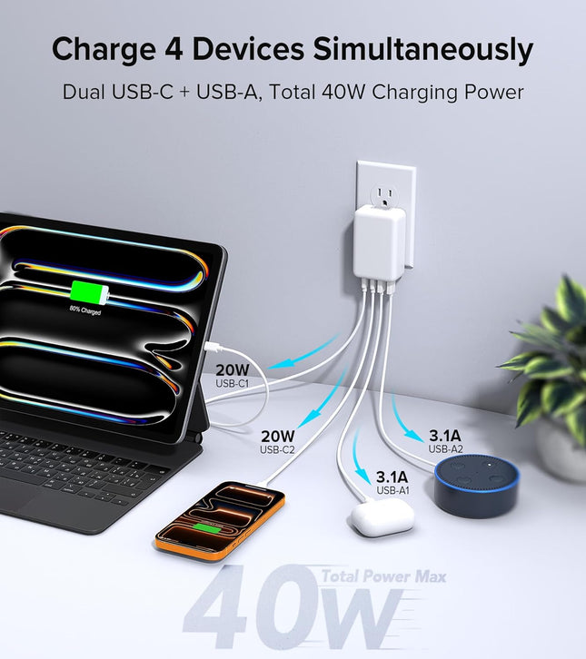2Pack Flat USB C Wall Charger,40W 4Ports Foldable & Slim Fast Charging Block,Type C Cube Box Multiport Power Adapter Plu