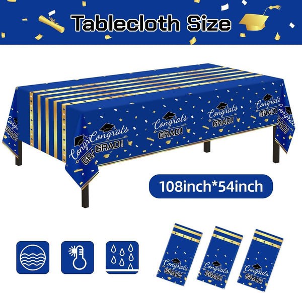 Childom 3 Pack Graduation Tablecloth,Graduation Decorations Class of 2026 Graduation Party Decorations,54"x108" Blue and Gold Plastic Table Cloth