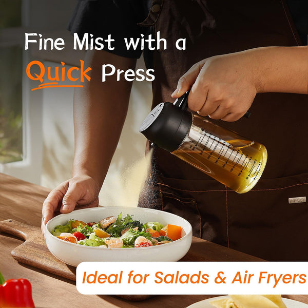 Trendplain 16Oz/470Ml Glass Olive Oil Sprayer for Cooking - 2 in 1 Olive Oil Dispenser for Kitchen Gadgets, Air Fryer, Salad, and BBQ - Black