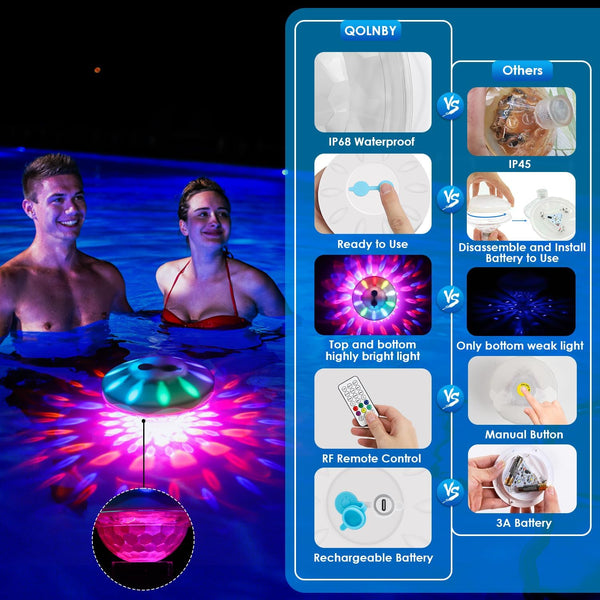 Floating Pool Lights with 6 Dynamic Lighting Effects, IP68 Waterproof, Rechargeable RGB Upper and Lower Color Changing for Inground Pools - 6 Pack