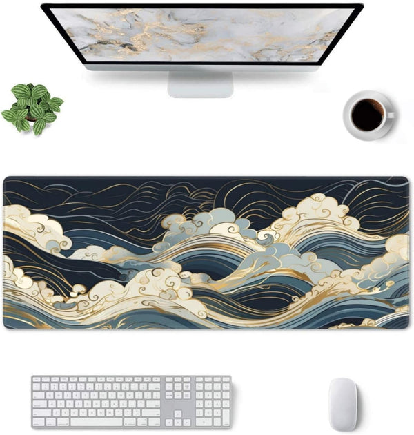 Abstract Japanese Ocean Waves Gaming Mouse Pad XL, Large Non Slip Rubber Mousepad, Stitched Edges Mouse Pads, Long Extended Mouse Pad,31.5'' X 11.8''