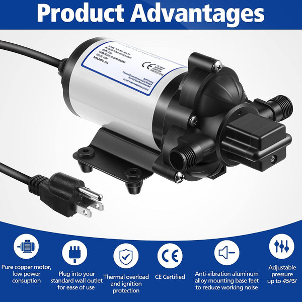 Water Pressure Diaphragm Pump Industrial 115V 4 GPM 45 PSI, Self Priming Water Booster Pump with Power Plug, Fittings Strainer Filter for Kitchen