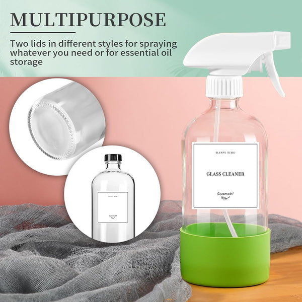 GIVAMEIHF 2 Pack Glass Spray Bottles with Silicone Sleeve,16oz Clear Glass Spray Bottles Refillable Empty Bottle with Adjustable Nozzle,Spray