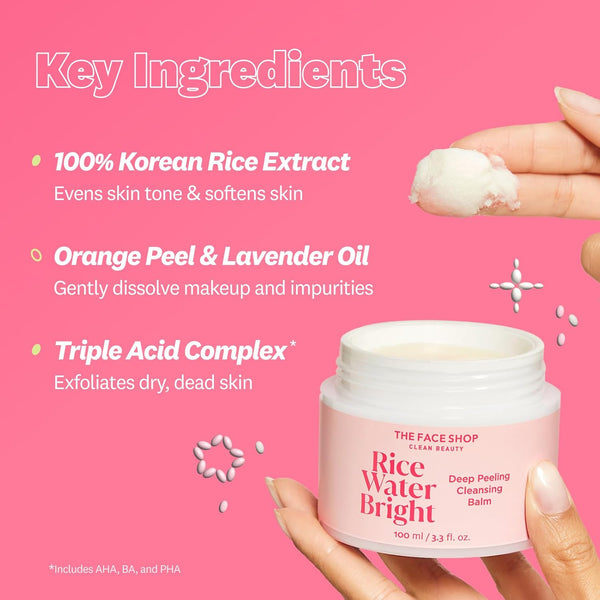 The Face Shop Rice Water Bright Cleansing Balm, 4-In-1 Makeup Remover, for Dry & Sensitive Skin, Made with Korean Rice & Lavendar Oil, Korean