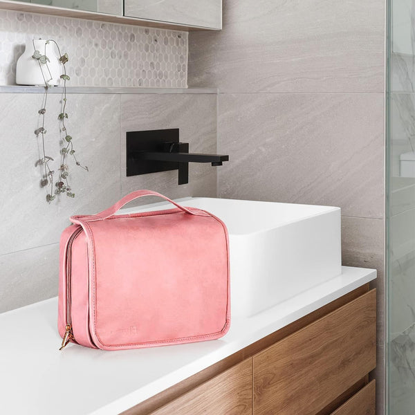 Elviros Hanging Travel Toiletry Bag for Women, 3-in-1 Large Makeup Bag and Cosmetic Organizer, Vegan Leather Waterproof Skincare Case for Travel